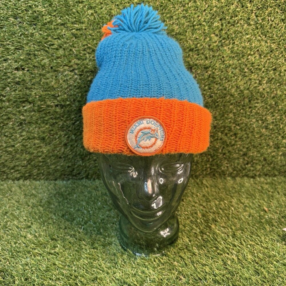Miami Dolphins Vintage Beanie Winter Knit Hat With Pom Pom 80’s NFL